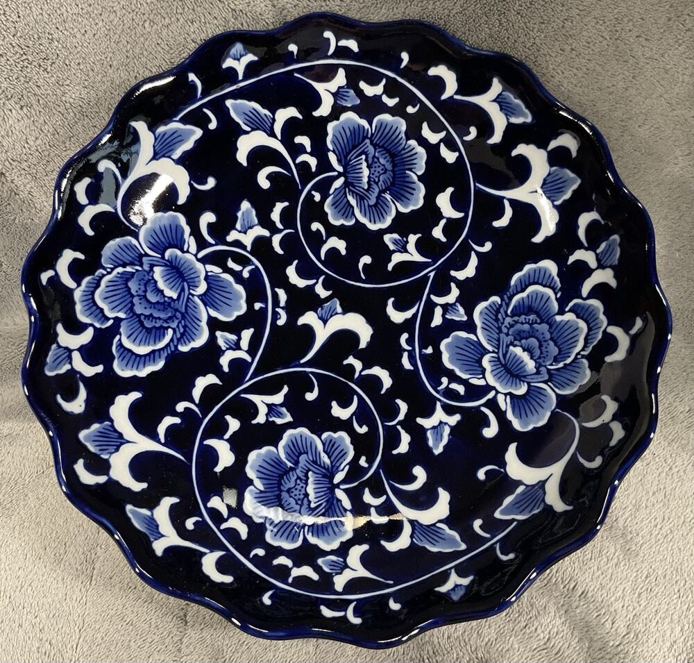 Bombay Company Blue White Ceramic Footed Bowl Scalloped Edge Floral Centerpiece